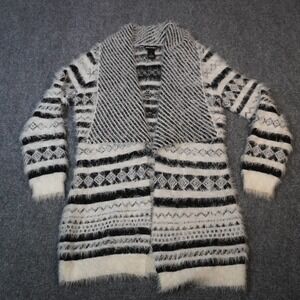Lauren Michelle Cardigan Sweater S Small Black White Fuzzy Knit Open Front‎